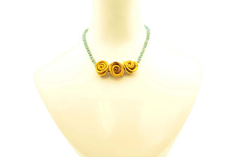 Single-Strand Chirilla Seed Teal Necklace with 3 Petite Yellow Orange Peel Roses