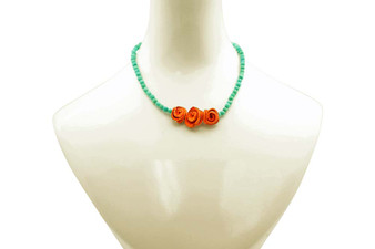 Single-Strand Chirilla Seed Teal Necklace with 3 Petite Orange Peel Roses